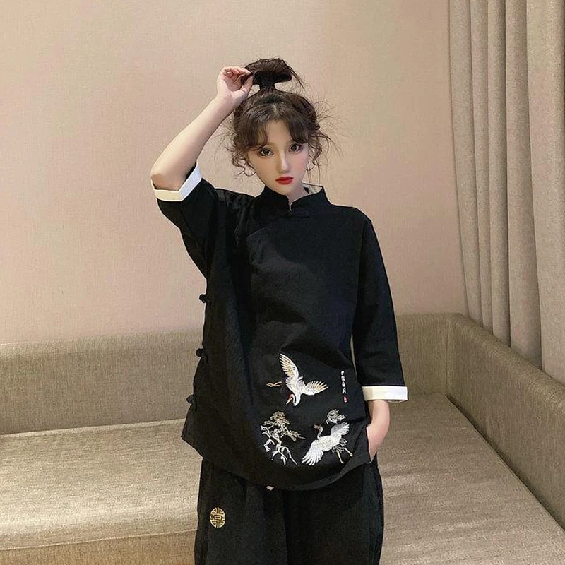 

Modern Hanfu Bracelet Sleeve Side Button Tops Pant Chinese Style Embroidery Retro Vintage Tang Suit Casual Loose Cosplay Costume