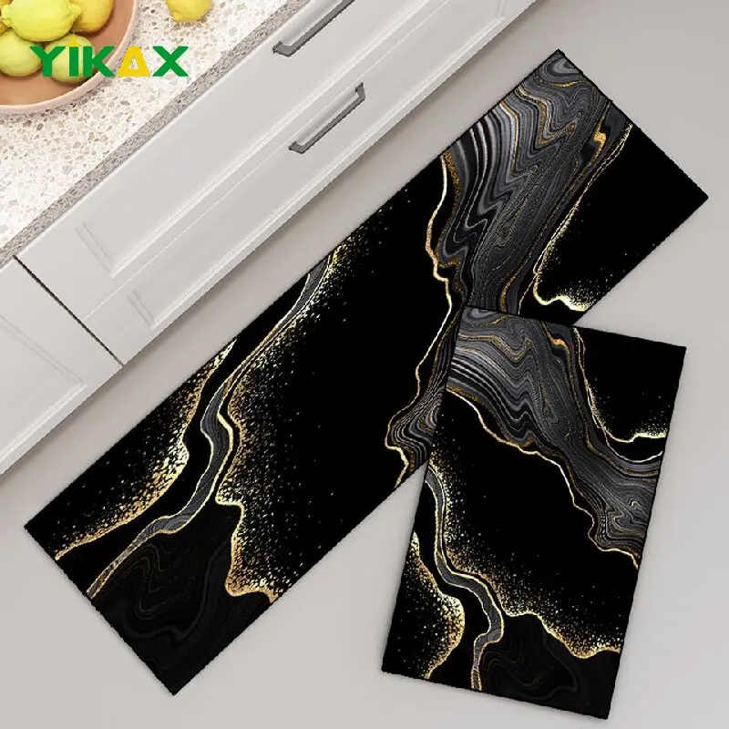 

Marble Kitchen Floor Mat Non-Slip Abstract Black Gold Carpet for Living Room Bedroom Bedside Area Rugs Luxury Home Decoration