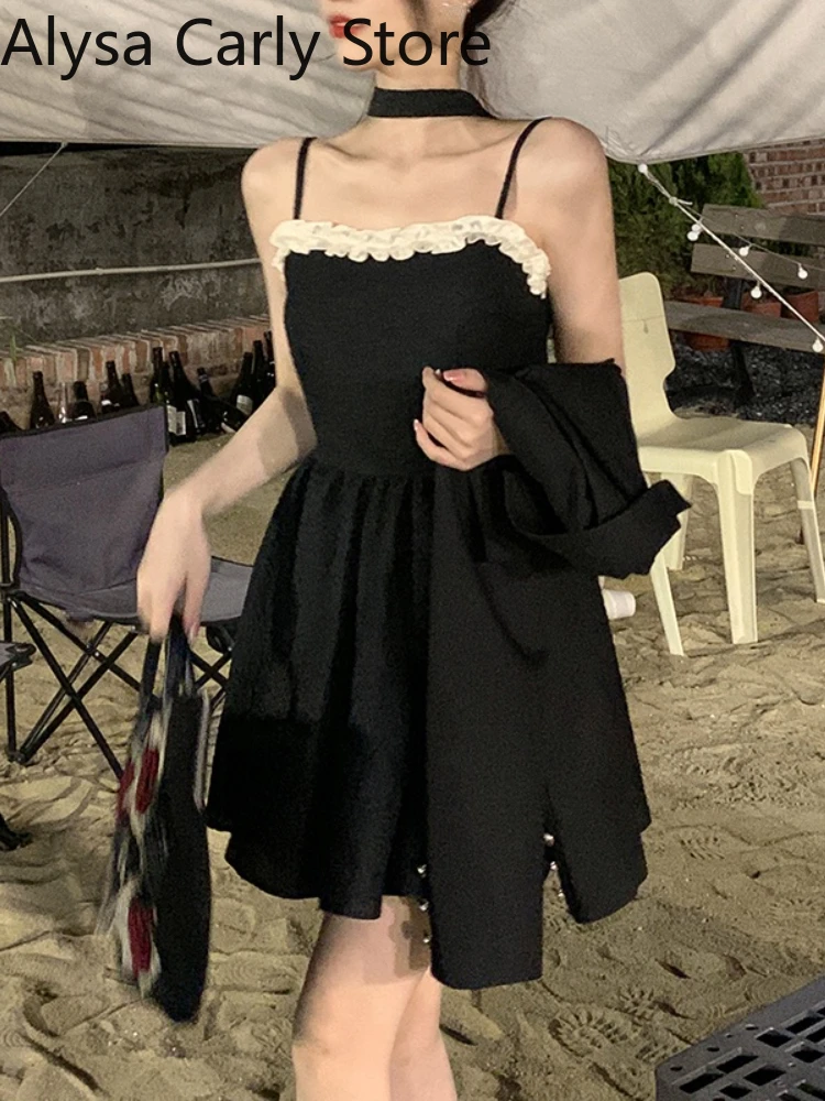 

Black Strap Gothic Dress Women 2022 Summer Design Bow Y2k Mini Dress Party Elegant One Piece Dress Korean Sleeveless Beach Style