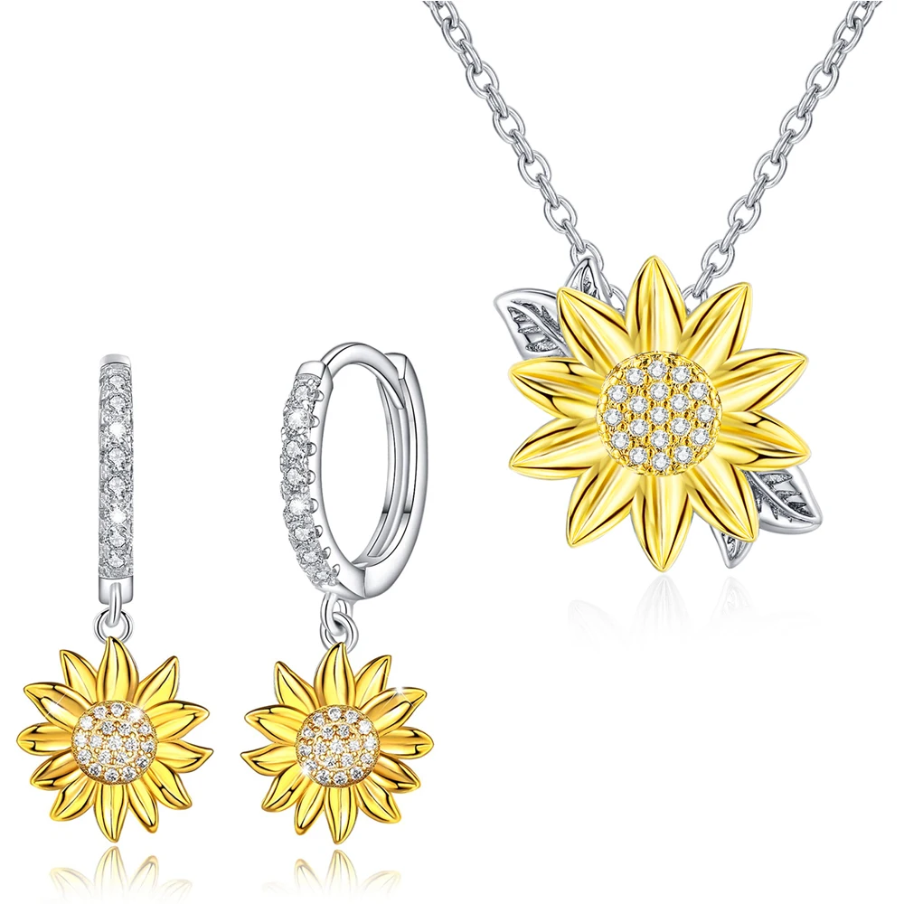 

Rose Valley Sunflower Jewelry Set Pendant Necklace for Women Hoop Earrings Fashion Girls Gifts Romantic