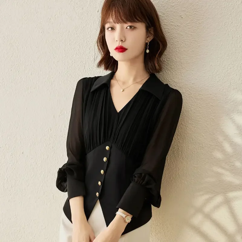 Новая модная белая женская рубашка весна 2022 шифоновая блузка с рюшами и