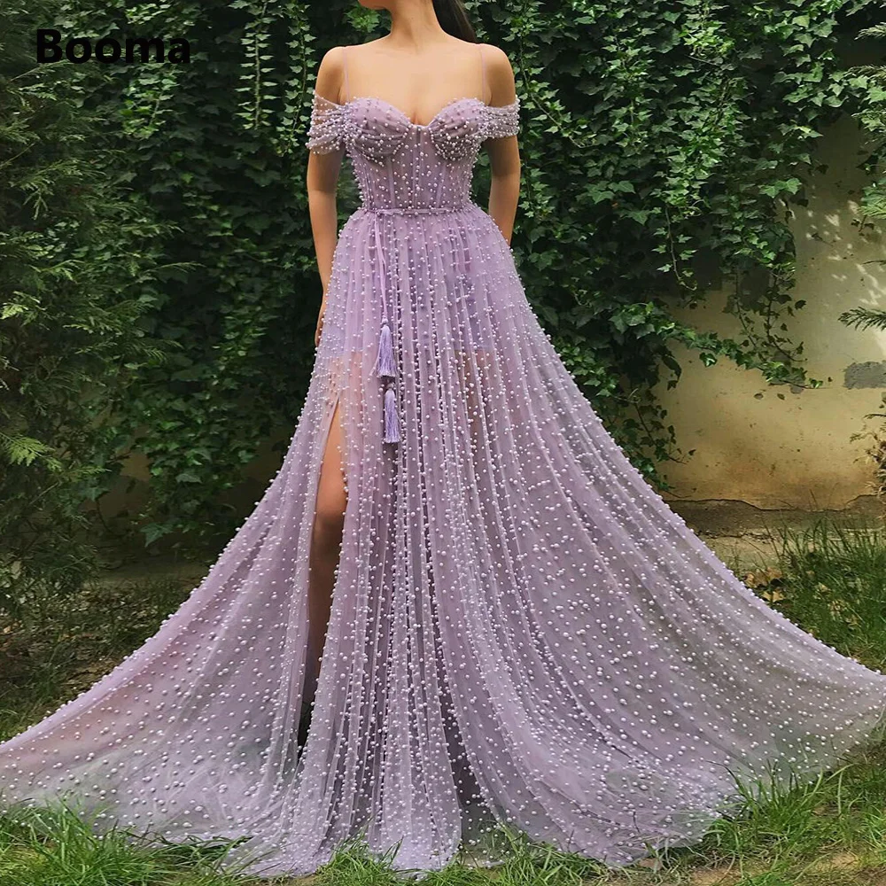 

Booma Lavender Pearls Tulle A-Line Prom Dresses Sweetheart Off-the-Shoulder Heavy Beaded High Slit Maxi Formal Party Gowns