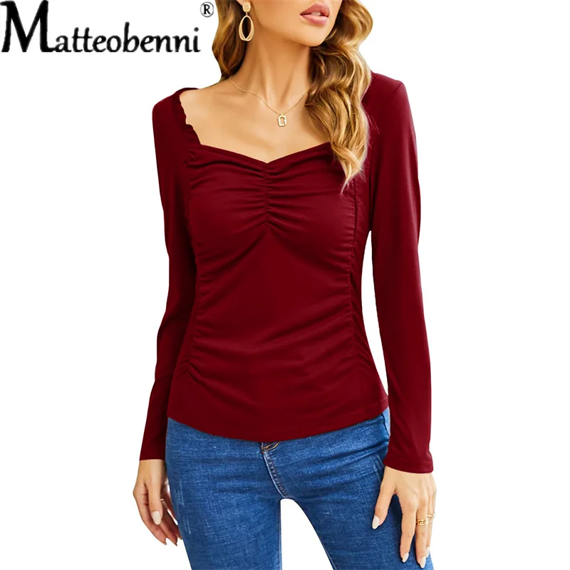 Купи Women 2022 Autumn Elegant T-Shirt Long Sleeve Solid Color Casual Female T Shirt Slim Fit Sexy Ruffle Square Neck Tee Tops TShirt за 533 рублей в магазине AliExpress