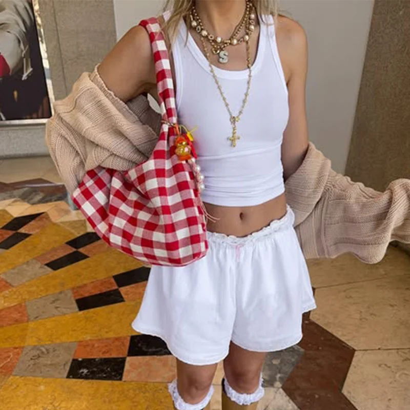 Сумочка красочная красная клетчатая большая вместительная дорожная сумка на