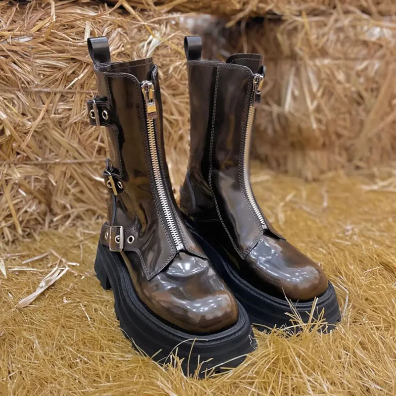 

Autumn and Winter New Trendy Women's Boots Front Zipper Round Toe Heel with Buckle Mid-barrel Motorcycle Leather Boots