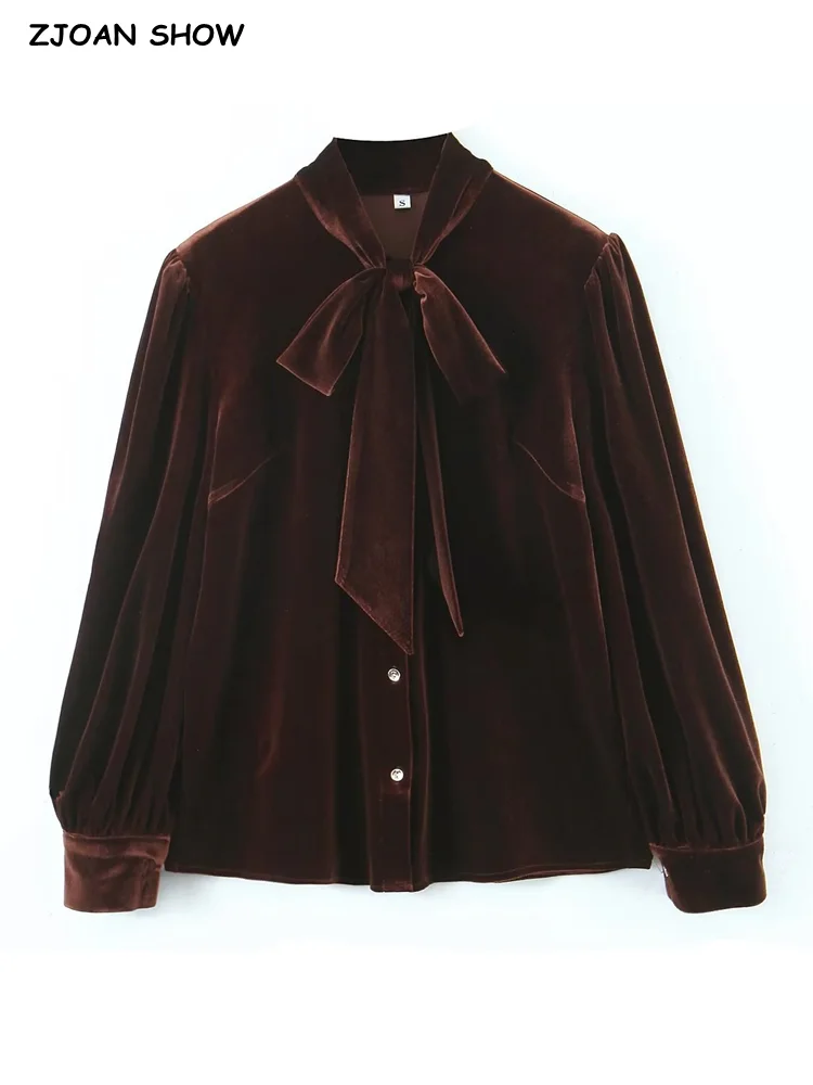 

2022 Autumn Retro Coffee Velvet Shirt Women Tide Bow Collar Single-Breasted Button Full Lantern Sleeve Leisure Blouses Tops