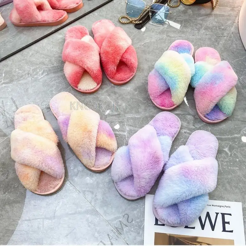 Winter Women Mix Colors Furry Slippers Flat Fluffy Soft Fur House Slides Floor Non-slip Warm Fashion Indoor Shoes