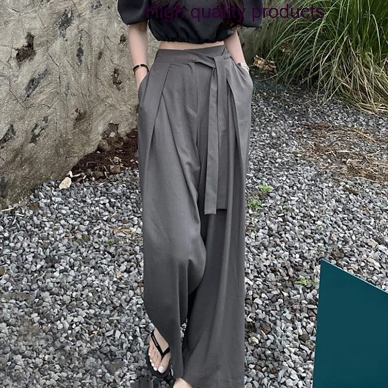 

Spring Korea And Autumn 2023 Versatile High Waist Pleated Asymmetric Strap Design Dropping Wide Leg Floor Towers Women'S Pants