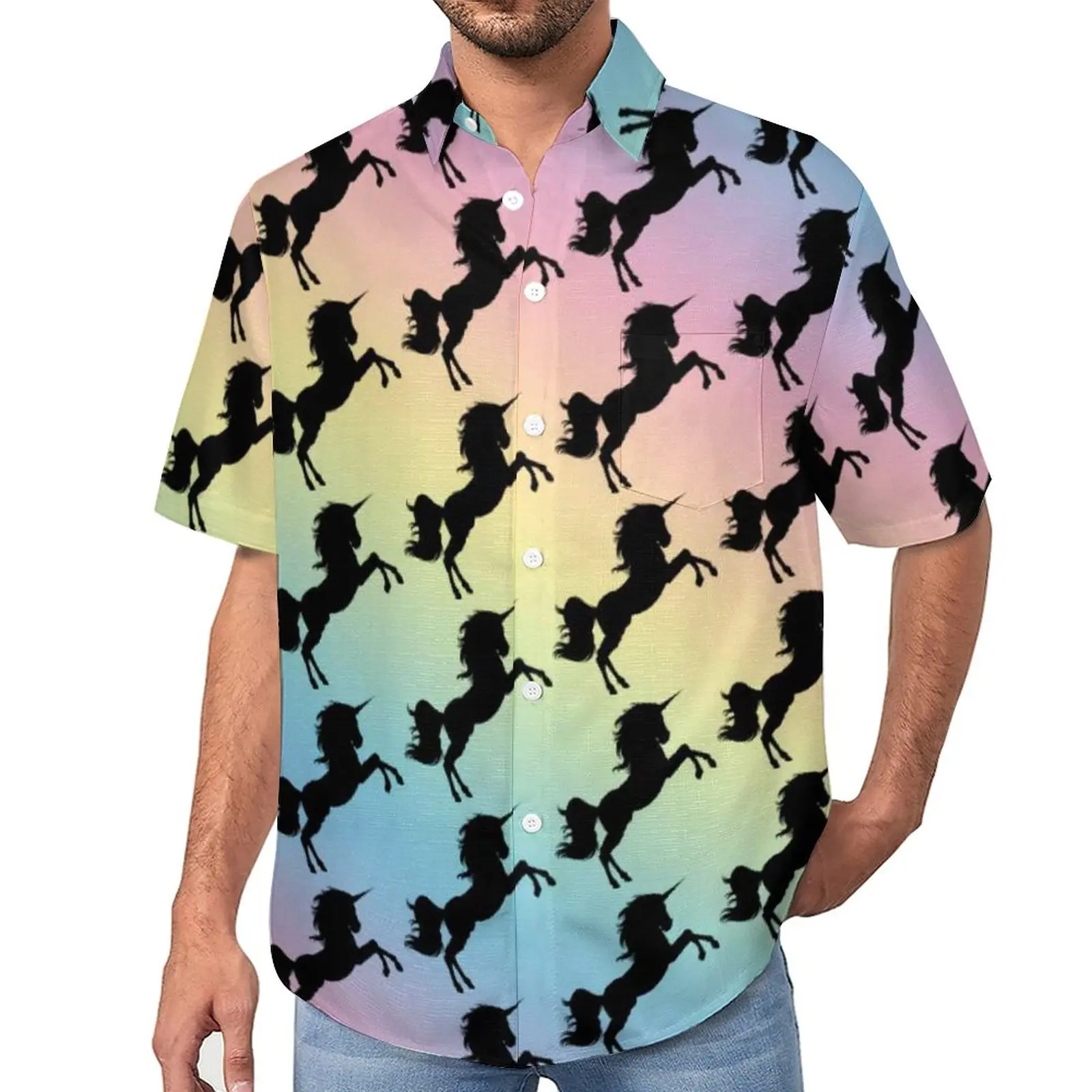 

Свободная рубашка для отпуска, Повседневная Блузка с пастельным и радужным принтом, с силуэтом единорога, гавайская винтажная блузка оверсайз с коротким рукавом, черного цвета