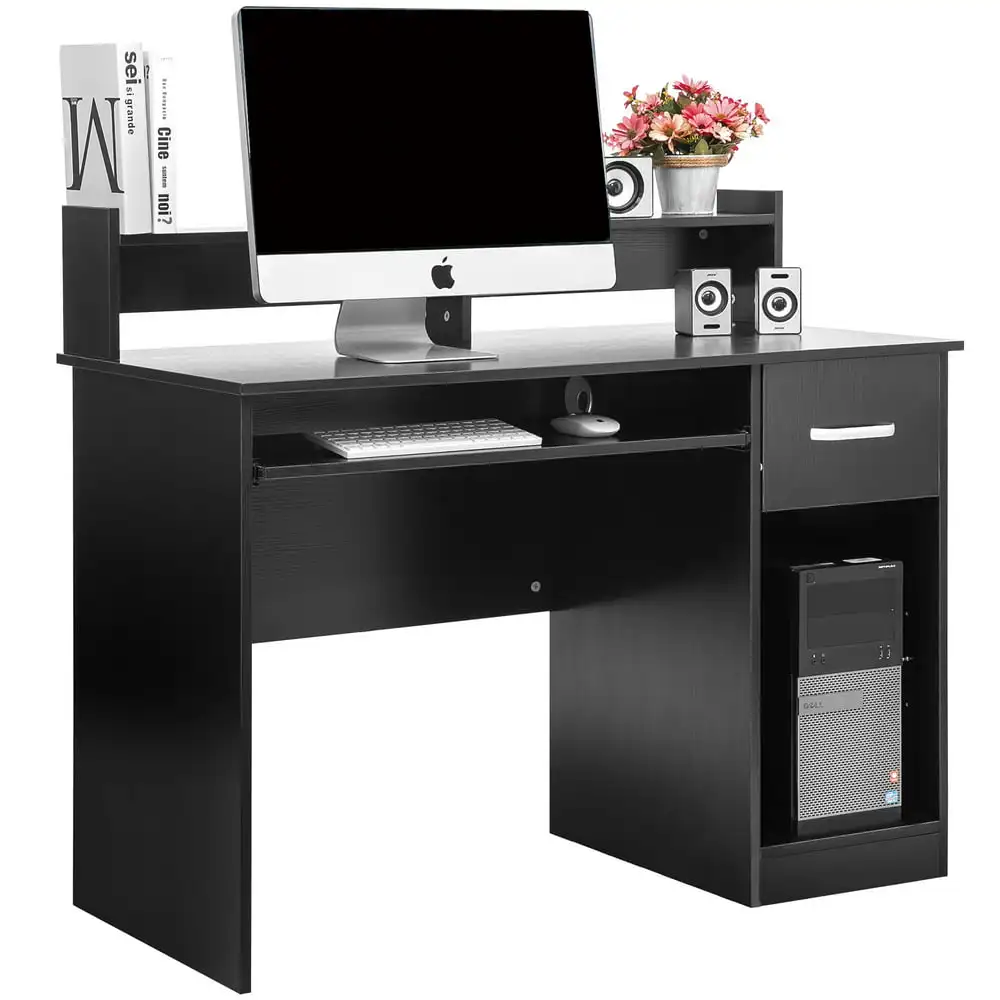 

Wood Black Computer Desk For Office Laptop, PC Work Table With Home Drawer & Keyboard Tray