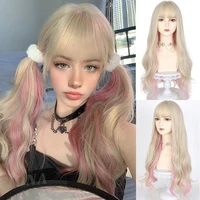 lanlan lolita white gold highlight pink synthetic big wave wig with air bangs womens cosplay natural heat resistant wig