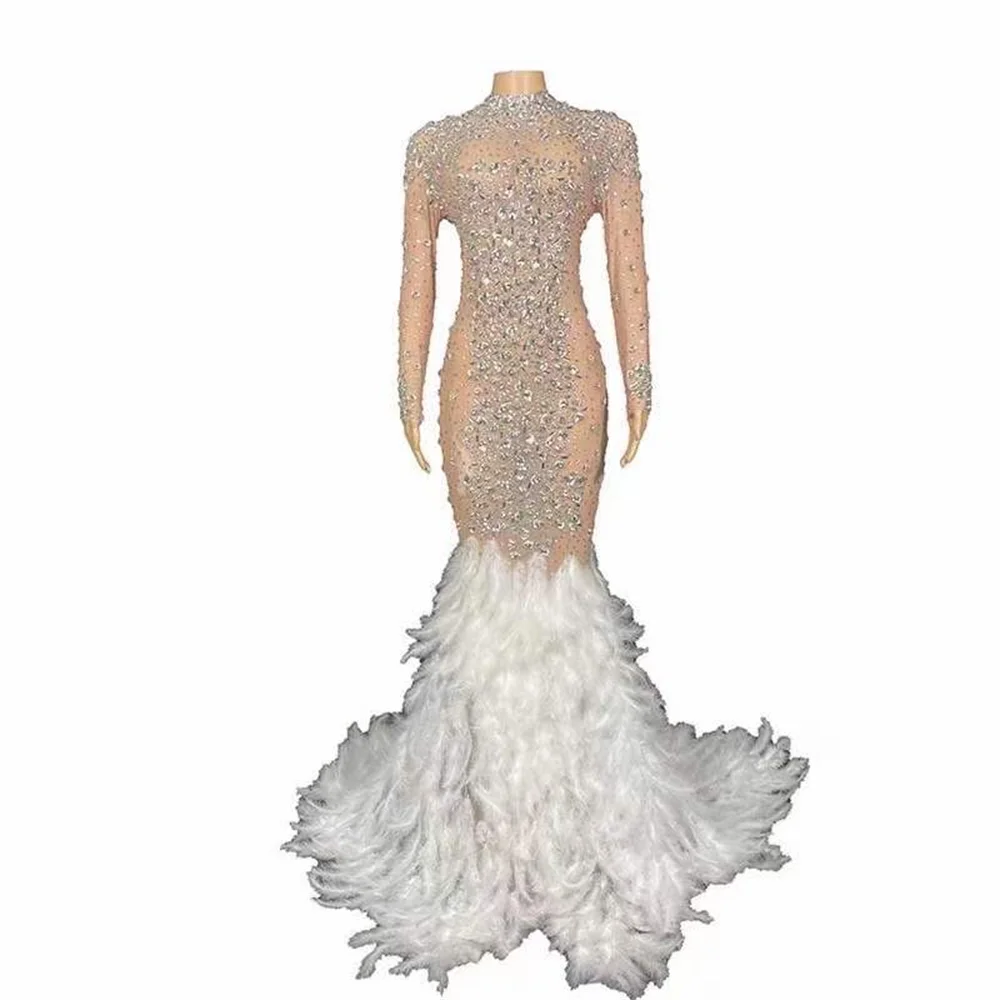 

Nude Shining Sparkly Rhinestones Crystal Long Sleeves Sexy Women White Feathers Dress Evening Party Wedding Wears Singer Costume