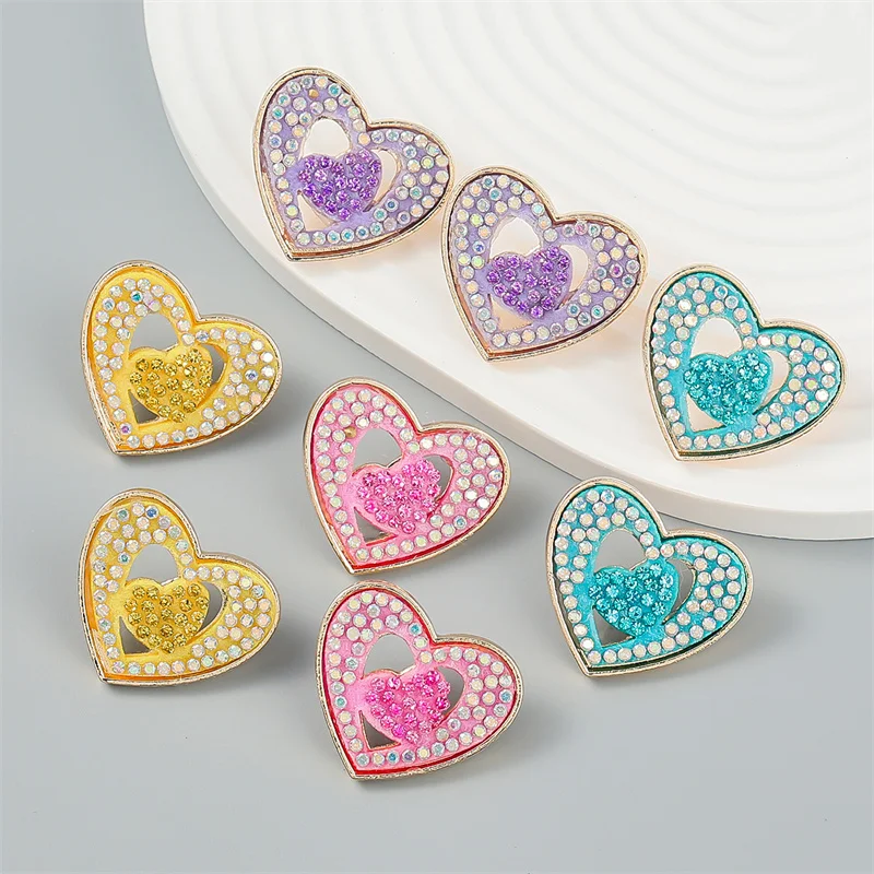 

Fashionable Korean double-layer love shaped alloy diamond acrylic geometric small earrings NEW in spring and summer
