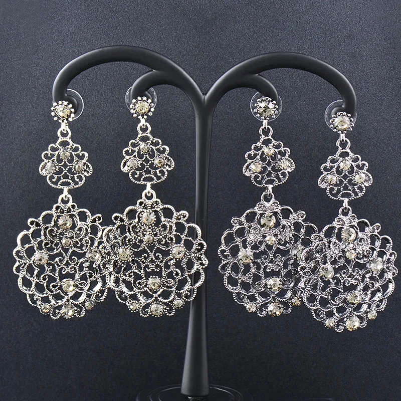 

SINLEERY Ethnic boho Vintage Gray Cubic Zircon Hollow Big Flower Earrings For Women Wedding Antique Silver Color ZD1 SSK