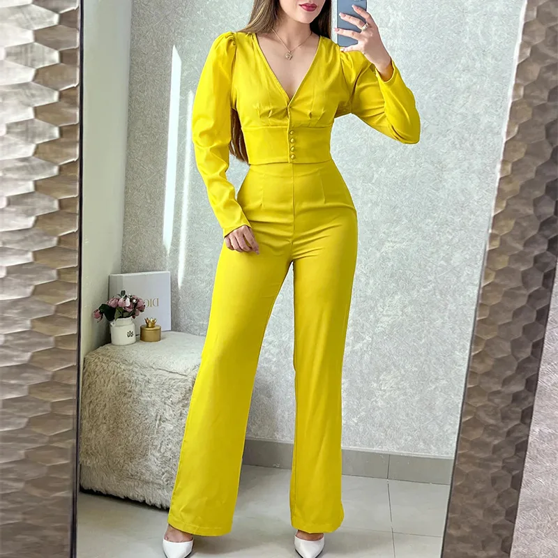 

Women's 2022 Autumn New Temperament V-neck Sexy Long-sleeved Shirt High-waisted Slim Straight-leg Pants Two-piece Set