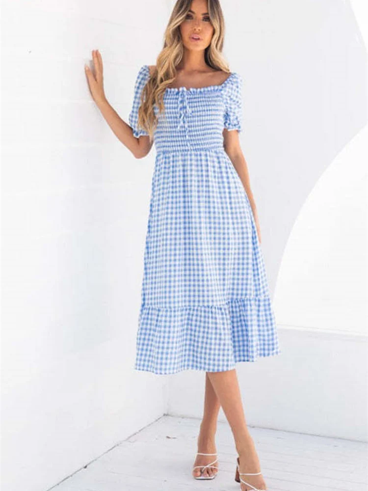 

Mandylandy Women Elegant Summer Plaid Bohemian Dress Fashion Female Y2K Short Puff Sleeve Square Collar Ruffle Long Dress