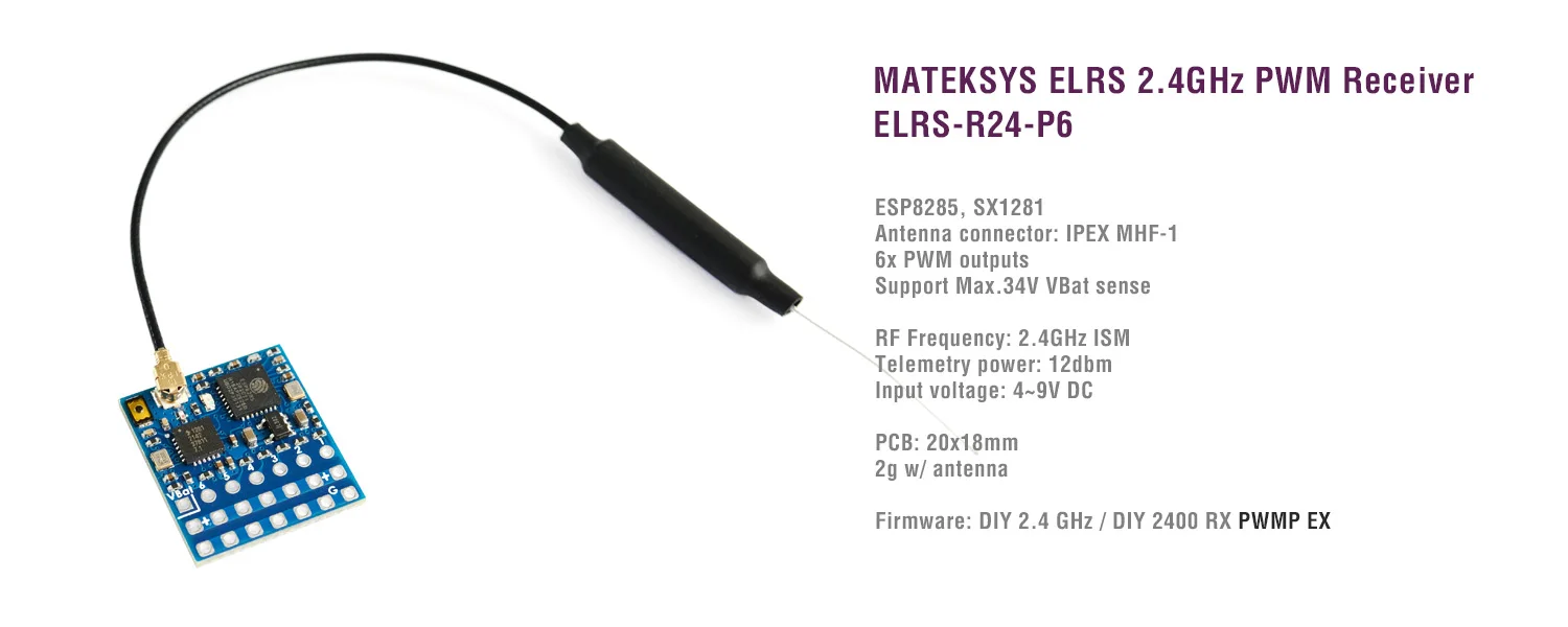 Приемник Matek Mateksys ExpressLRS ELRS R24-P6 2 4G RX SX1281 наноприемник дальнего действия ШИМ 20 мм x 18