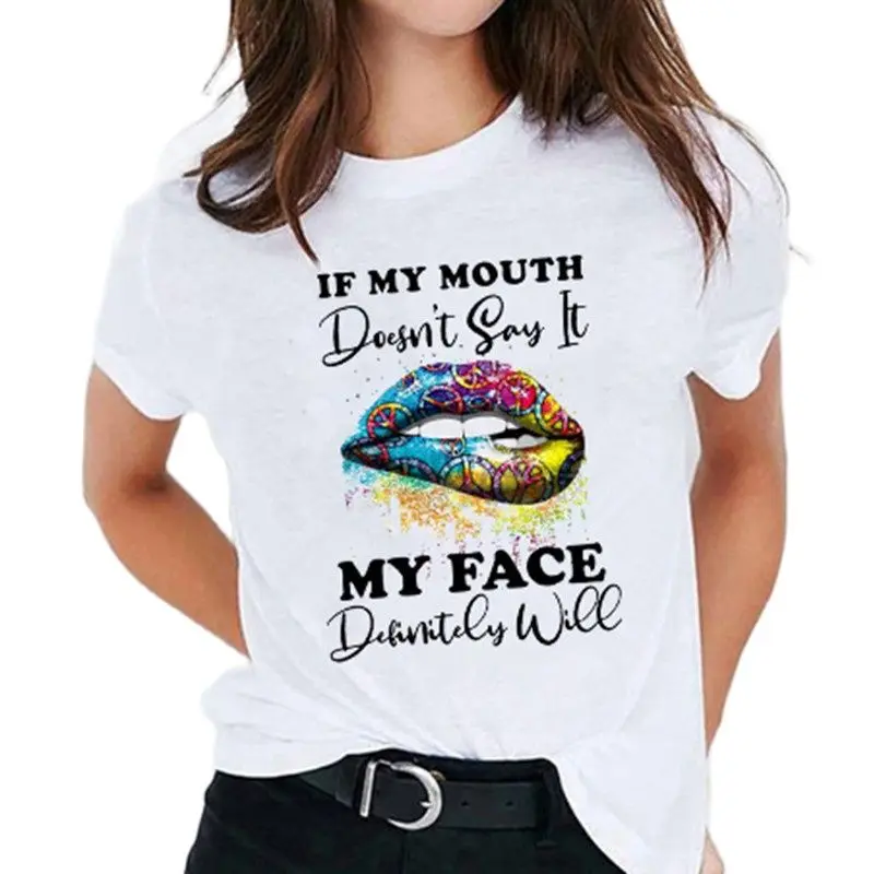 

Fashion Hot Selling Women's Tops New Sexy Colorful Lips Print Large Size White T-shirt Oversized T Shirt Graphic Tee Aesthetic