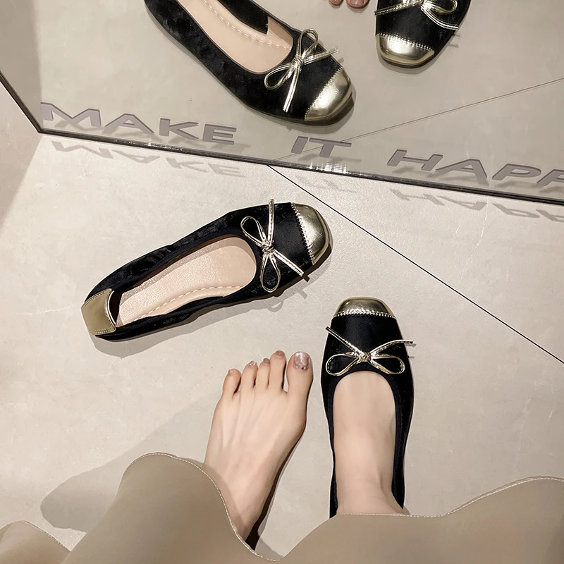 Женские туфли с бантом 2025 г. женская обувь балетки на плоской подошве квадратным