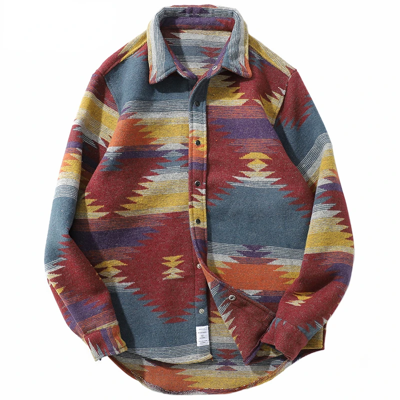 

Mens Streetwear Hip Hop Harajuku Shirt Geometric Striped Flannel Shirt Cotton 2023 Autumn Long Sleeve Casual Shirt Red Gray