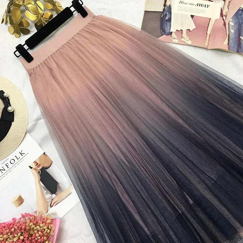 

Beautiful Gradient Color Long Tulle Skirts Women Korean A-line High Waist Pleated Maxi Female School Girls Z540