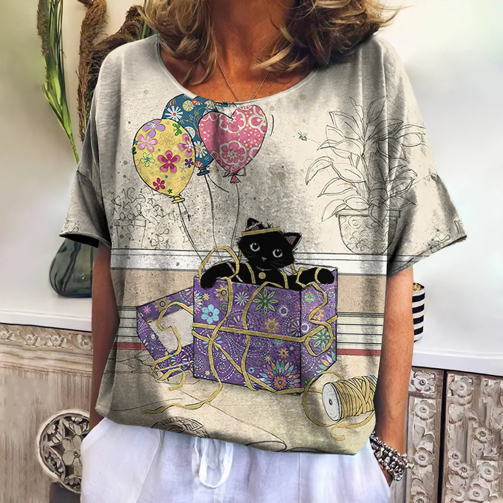 

Vintage Women's T-Shirt Summer 3d Funny Cat Prin Tops Daily Street Female Apparel Fashion Women Oversized T-Shirts Lady Clothing