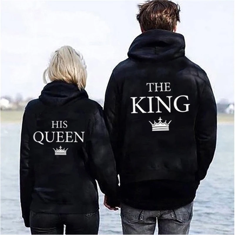 New Fashion King And Queen Couple Hoodies Men Women Long Sleeve Pullover Tops Sweatshirts Valentine Day Gifts For Lovers
