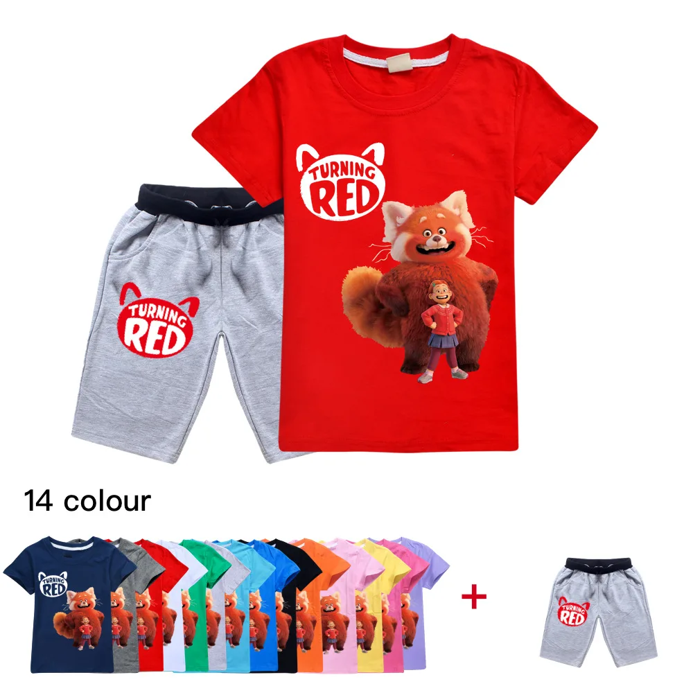 

2022 New Turning Red Toddler Girls Summer Clothes Boys T-Shirt Shorts Set Teen Sports Boys Clothes 2-16 Two Piece Set
