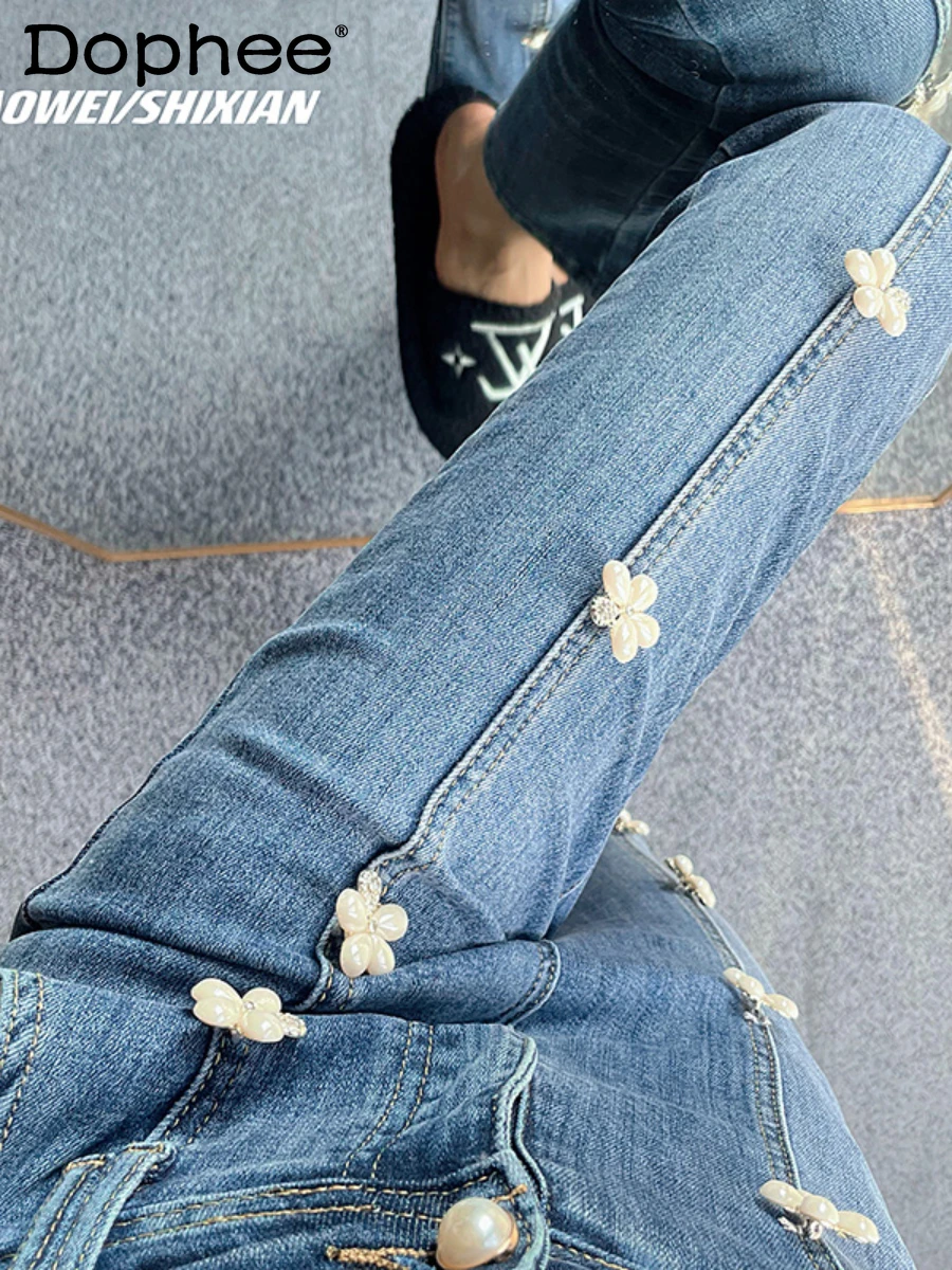 Summer Blue Jeans for Women's High Waist Design Flower Decoration Casual Straight-Leg Split Thin Flared Denim Pants High Street