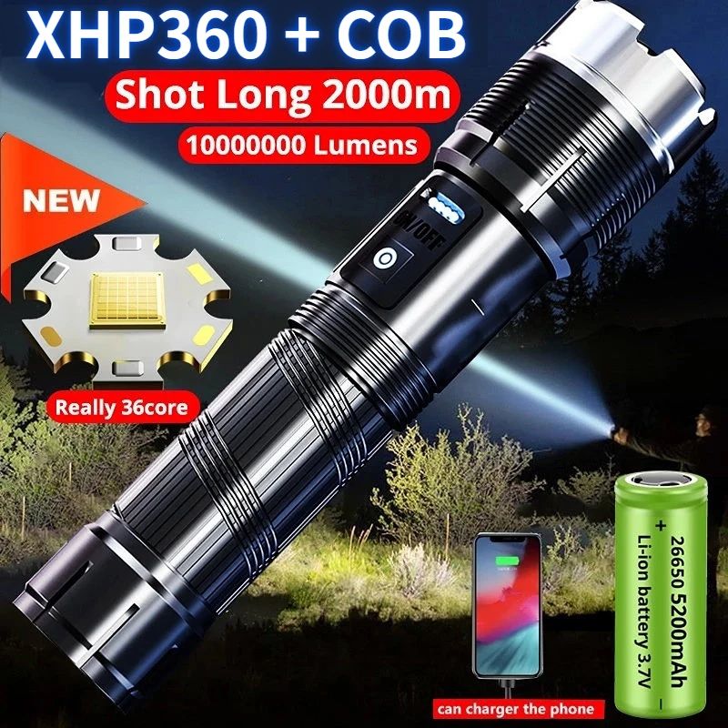 

500000 Lumens XHP360-36core LED Flashlight Powerful Torch USB Rechargeable Tactical Flash Light Power Bank Outdoor Camping Lamp