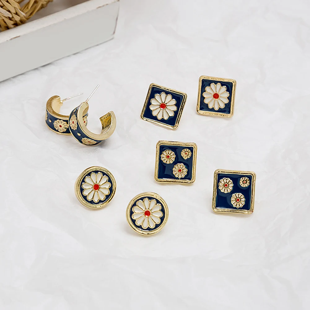

Korean Cute Vintage Flower Enamel Square Round Glaze Stud Earrings For Women Fashion Geometric Square Round Body Jewelry 2023