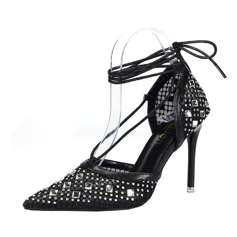 2022 New Sexy Yellow Mesh High Heel Sandals Women's Square Toe High Heels Lace Up Cross Strap Stiletto Heel Hollow Out Dress