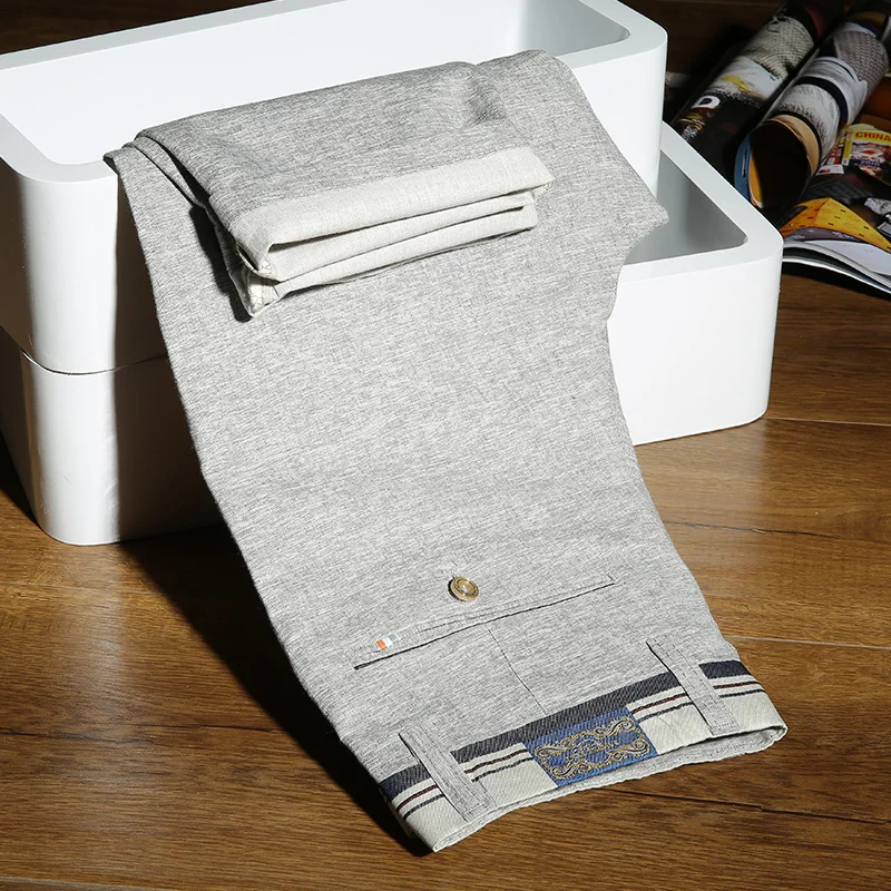 

2022 New Summer Cotton Linen Casual Pants Men Business Thin Breathable Slim Fashion Khaki Grey Blue Straight Trousers Male 28-38