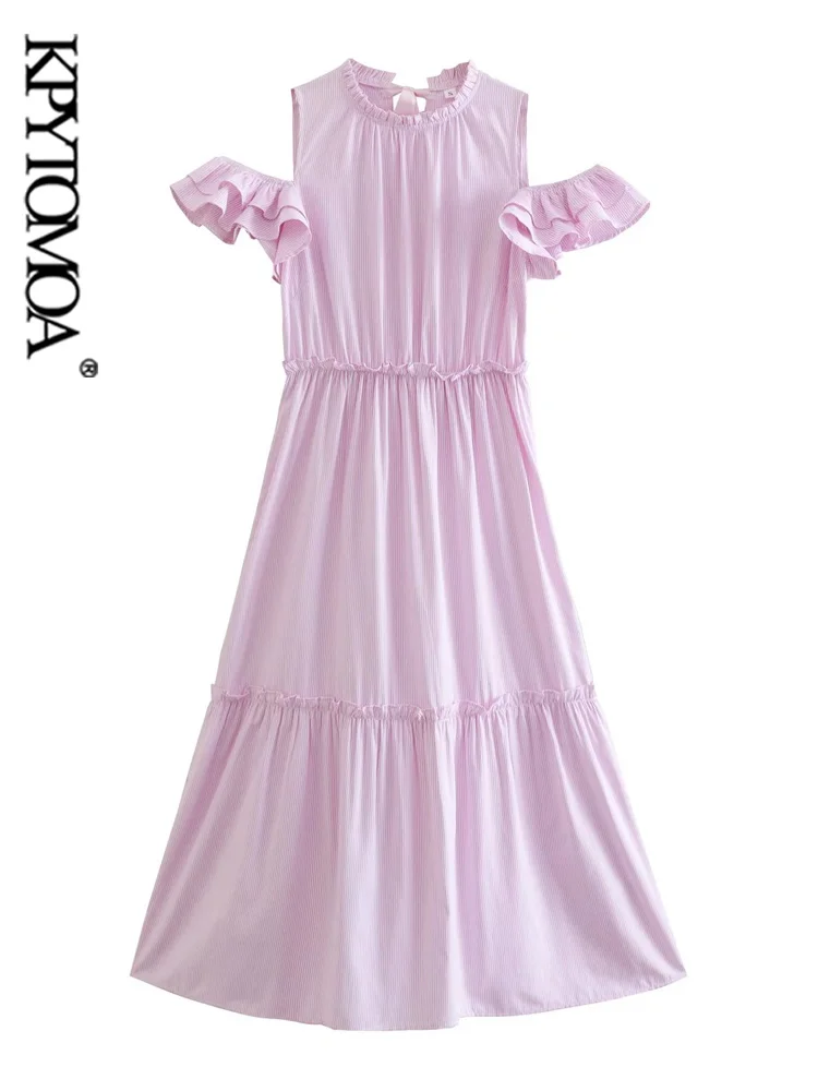 

KPYTOMOA женское модное платье миди в полоску с бантом на спине, винтажные женские платья с открытыми плечами и оборками, Vestidos Mujer