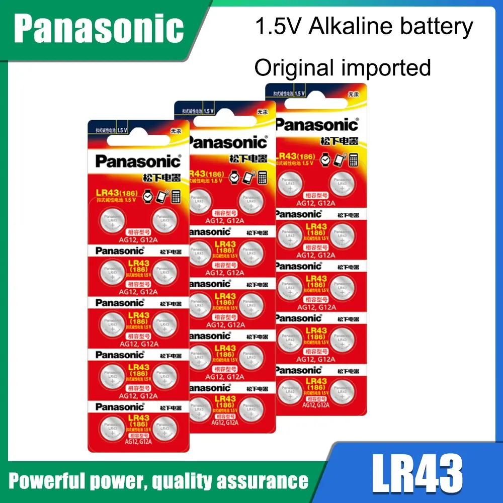 Щелочная батарея Panasonic 1,55 в AG12 LR43, кнопочные батареи SR43 186 SR1142 LR1142 386 LR1144 V12GA AG 12 для часов, игрушек