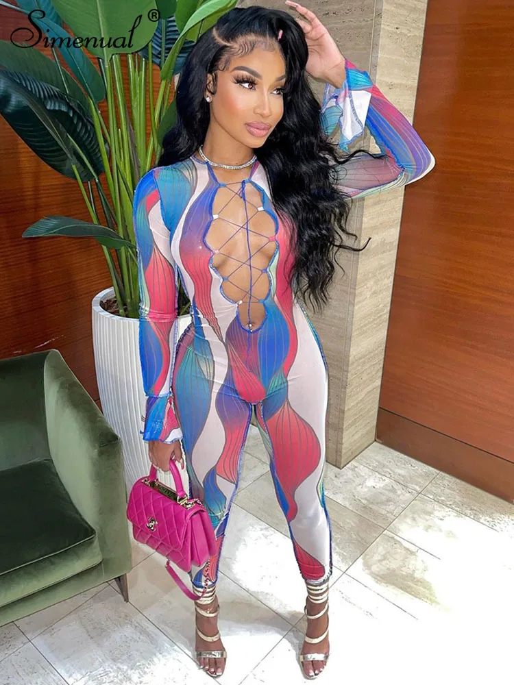 

Simenual, на шнуровке, с глубоким v-образным вырезом, с принтом, Длинные Комбинезоны, обтягивающие, облегающие, осенняя мода, одежда для женщин, тр...