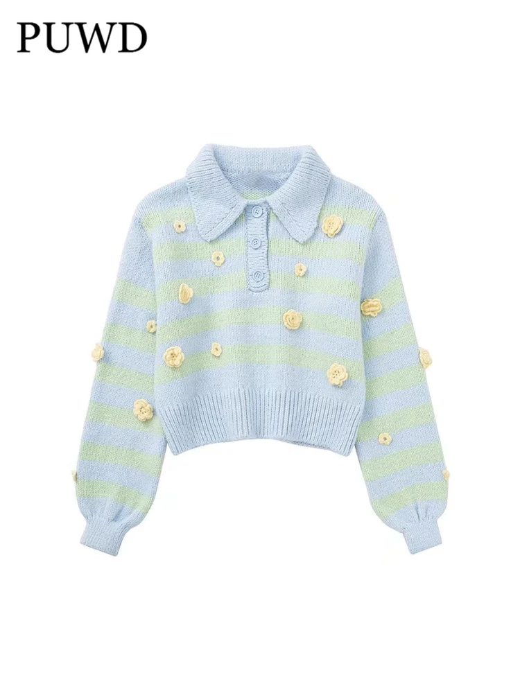 

PUWD Women Floral Embroidered Polo Neck Sweater 2022 Spring Fashion Ladies England Style Sweet Cardigan Female Short Sweater