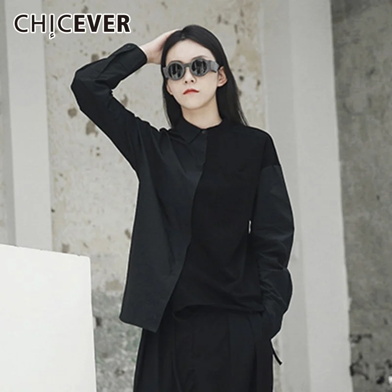 

CHICEVER повседневная черная рубашка для женщин с отворотом и длинным рукавом, свободная прямая блузка на пуговицах, Женская весенняя одежда, с...