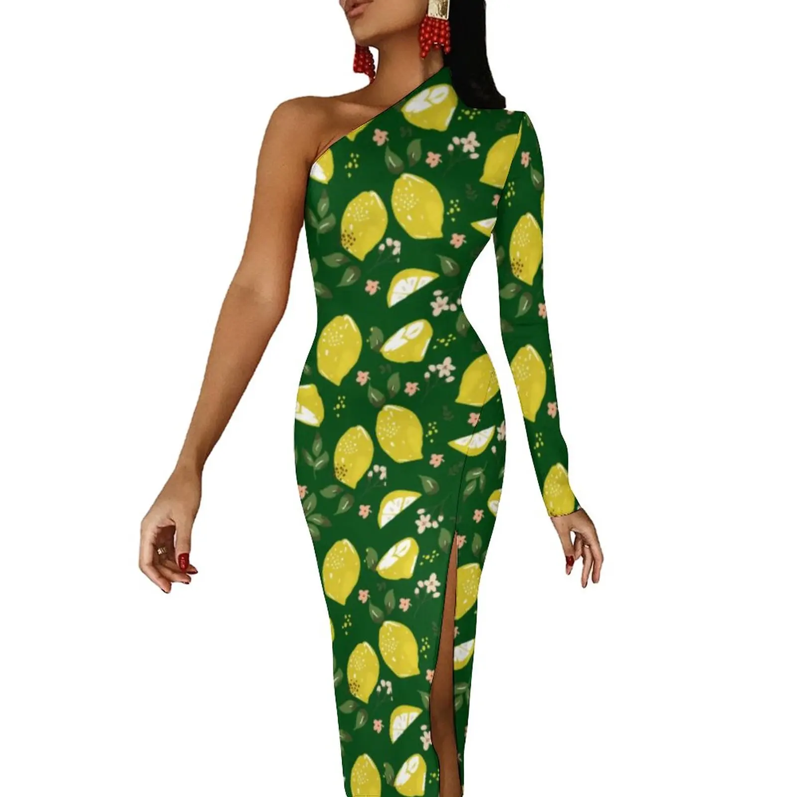 Bright Fruit Bodycon Dress Female Green Yellow Lemon Elegant Maxi Dress One Shoulder Party Graphic Dresses Birthday Gift