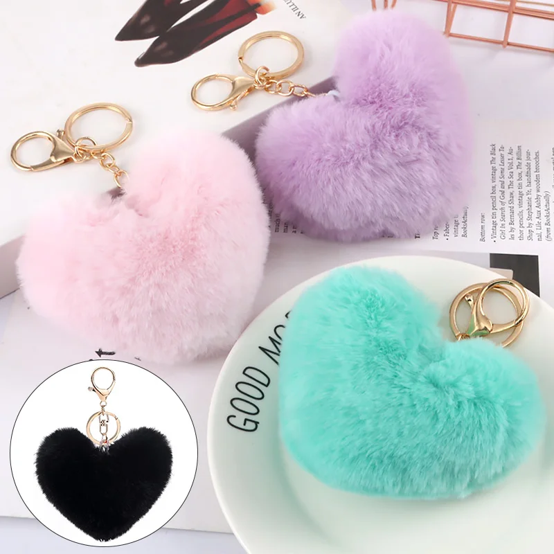 Plush Ball Key Ring Love Mobile Phone Key Chain Soft Artificial Rabbit Hair Ball Car Key Ring Bag Pendant Jewelry