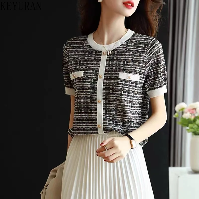 

2022 Summer Contrast Color Round Neck Thin Short-Sleeved Sweater Women Pullover Ice Silk Knitted T-Shirt Top Female Tees