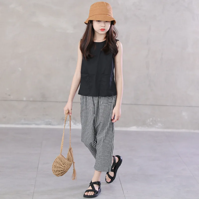 

Summer 2023 Teenage Girls Plaid Calf Length Pants Clothing Kids Cotton Mid Waist Loose Trousers Children Bottoms Age 5 -17 Years