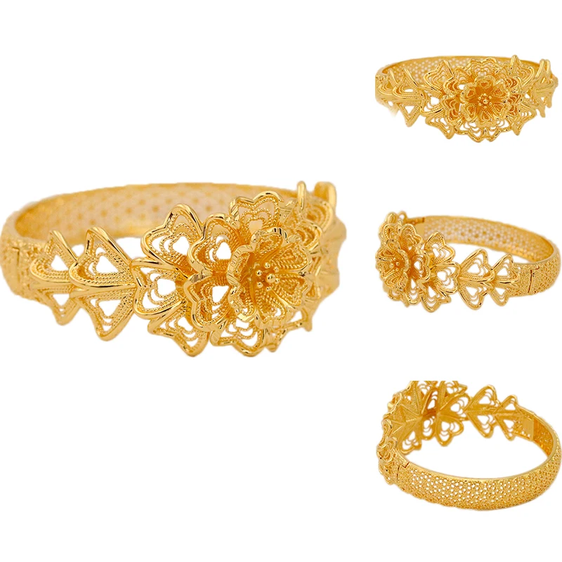 

24k Finely Carved Gold Bracelet Women's Wedding Ethiopian Bracelet African Indian Arab Jewelry Gold Charm Flower