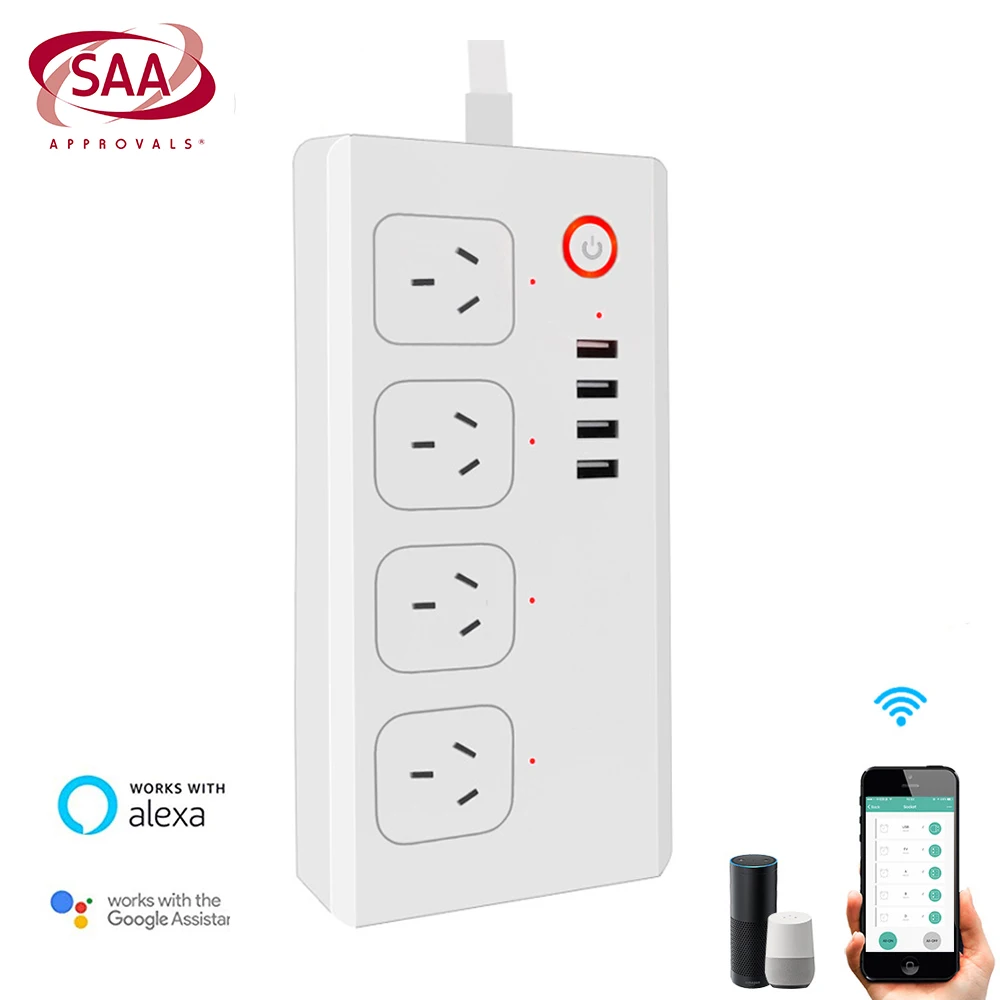 100pcs SAA Approved Australia WiFi Smart Power Strip 4 Outlets and 4 USB Ports Compatible with Alexa and Google Assistant