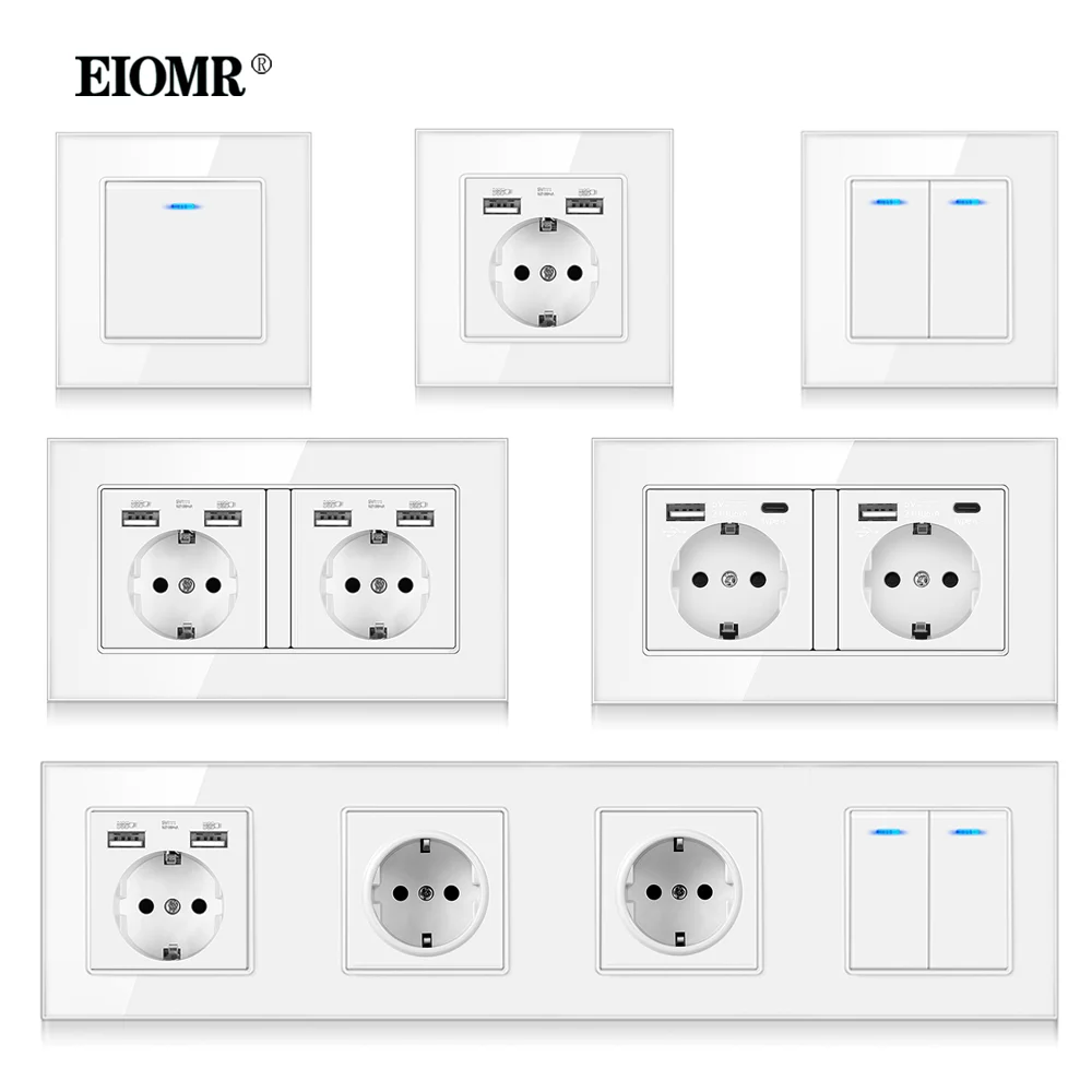 

EIOMR EU Standard 16A Tempered Crystal Glass Panel Wall Socket Power Outlet Electrical Plug with Usb 5V 2100mA Ac110-250V White