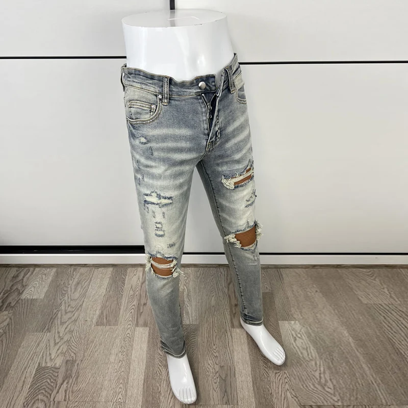 High Street Fashion Men Jeans Retro Gray Blue Elastic Stretch Skinny Ripped Jeans Men Patched Designer Hip Hop Brand Pants Homme