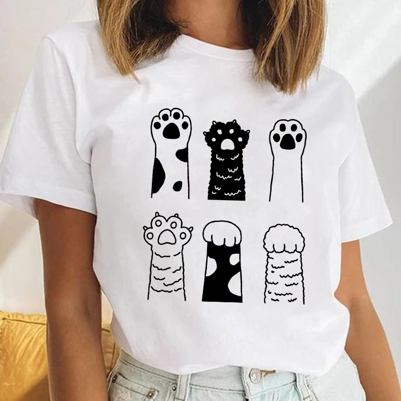 

Summer Korean Style Female Fashion Loose T-shirt Tshirts Kawaii O Neck Tops Cartoon Print Cat Print Women Short-Sleeves T-shirts