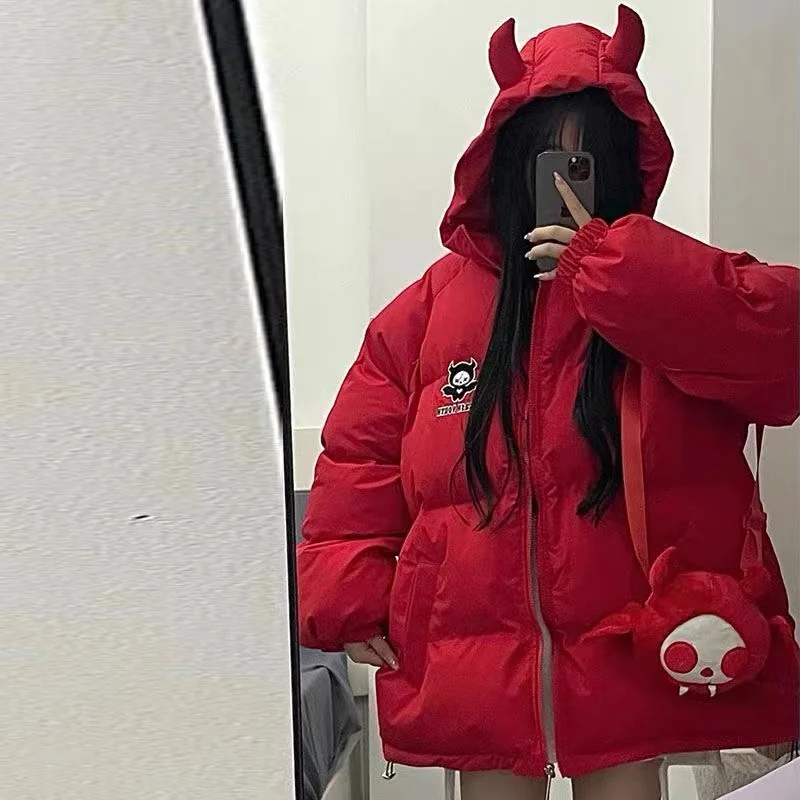 Emo Winter Women Streetwear Harajuku Korean Jackets Parkas Zipper Jacket Devil Horn Hoodie Warm Ladies Down Coats Alt Clothes