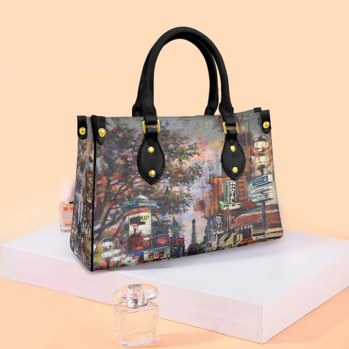 

Fashion Oil Painting Street Scene Female Designer Bag Makeup Harajuku Shopping Bags Luxury Ladies PU Handbag Elegant Popular