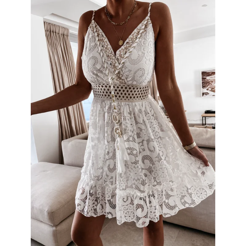

Новинка 2023, летнее модное пикантное кружевное платье-комбинация независимости Station с открытыми плечами